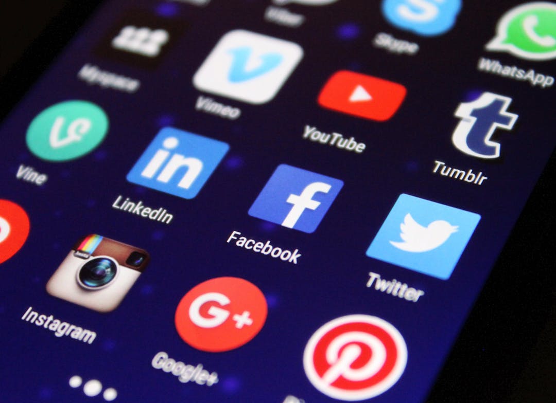 Social media application tiles on a screen, including linkedin, facebook, twitter, instagram, pinterest, tumbler, youtube