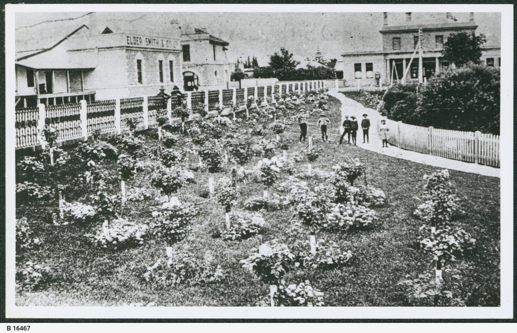 Historic black and white photo, foreground is newly planted gardens and background is several two-storey stone buildings