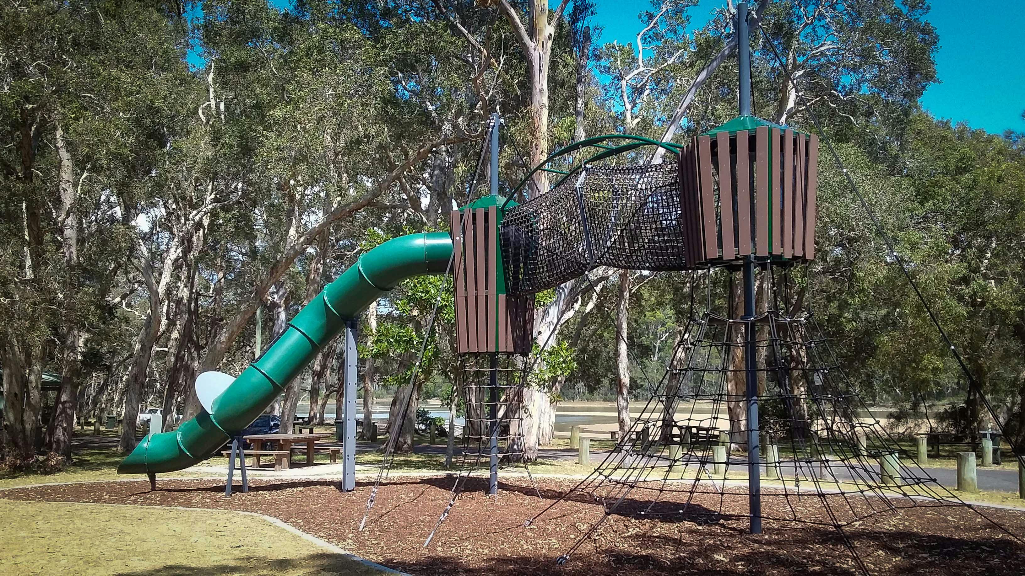 A new slide and climbing features at Lakeside Reserve, Woolgoolga.