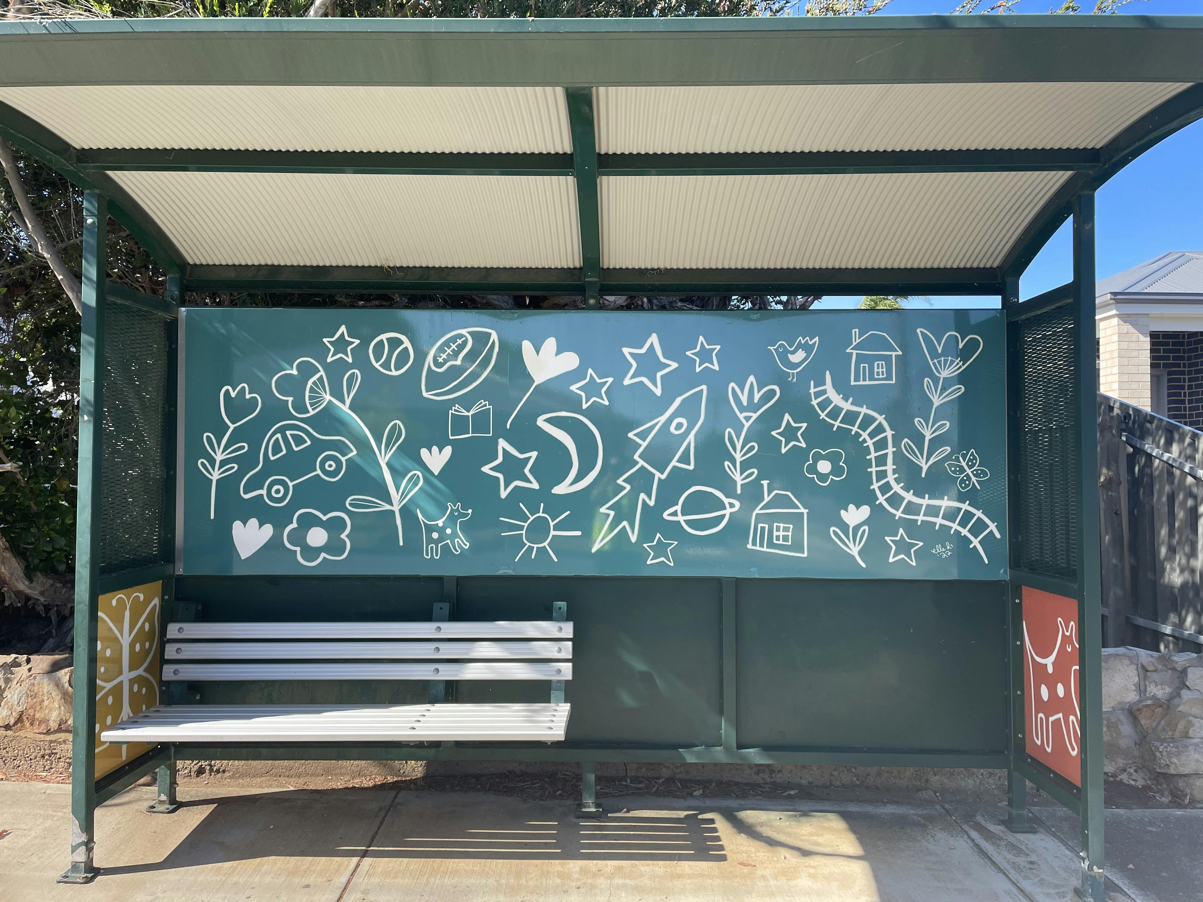 Bus shelter installation by Saskia and Shadow 2023. Celtic Avenue, Clovelly Park. Commissioned by City of Marion