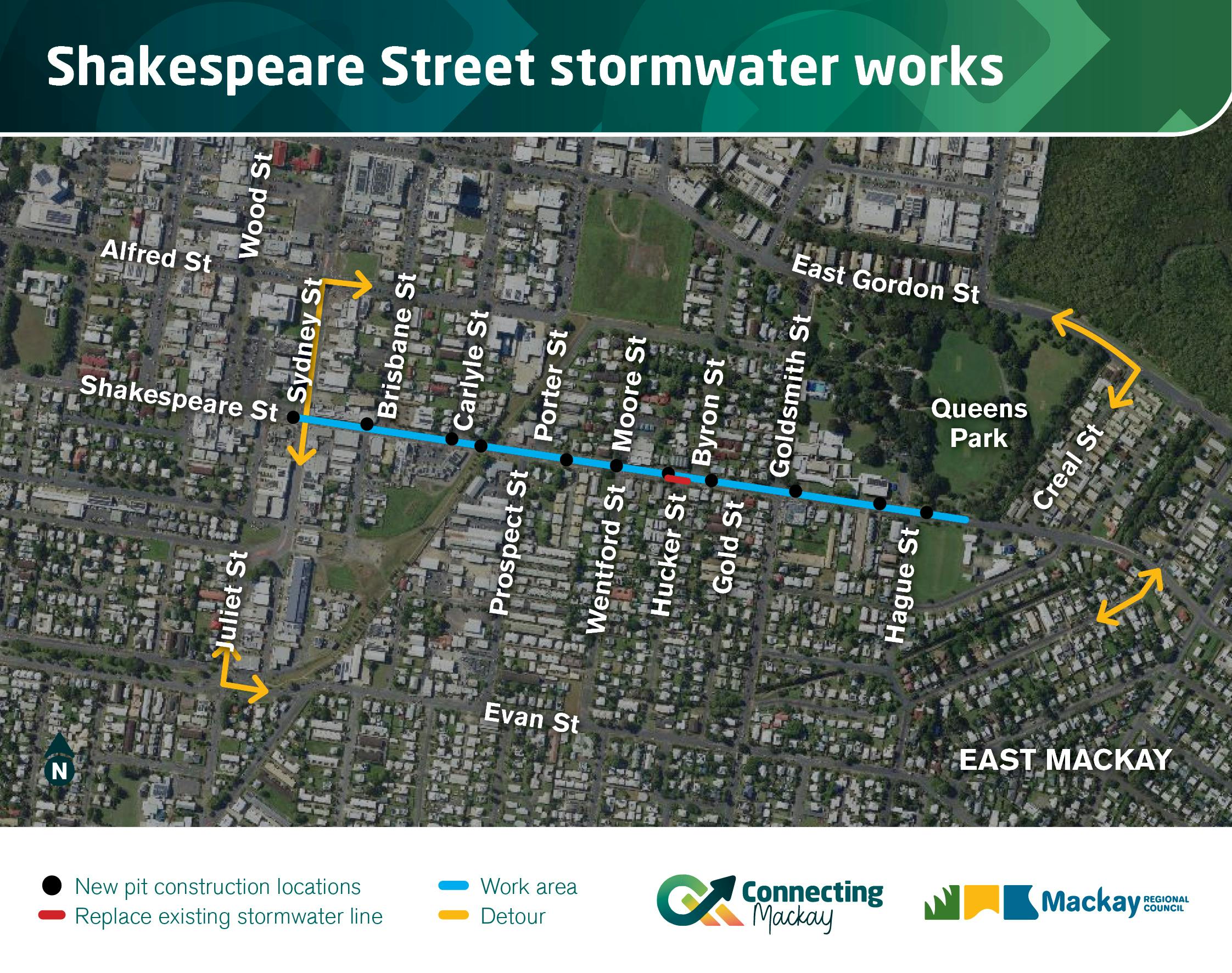 Image shows a map of the work area with detour streets, pit locations and existing stormwater line replacement location