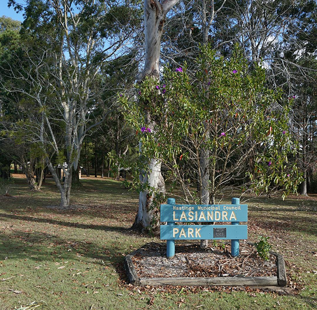 Photo of the sign in the park land and a lasiandra plant