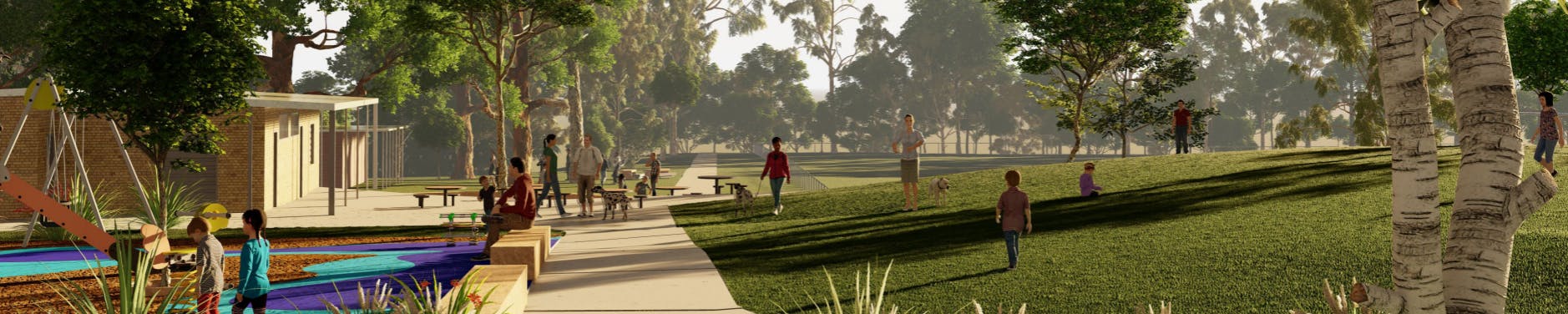 Fred Caterson Reserve Fields upgrade artist's impression showing open grass, toilets, picnic benches, children's playground.