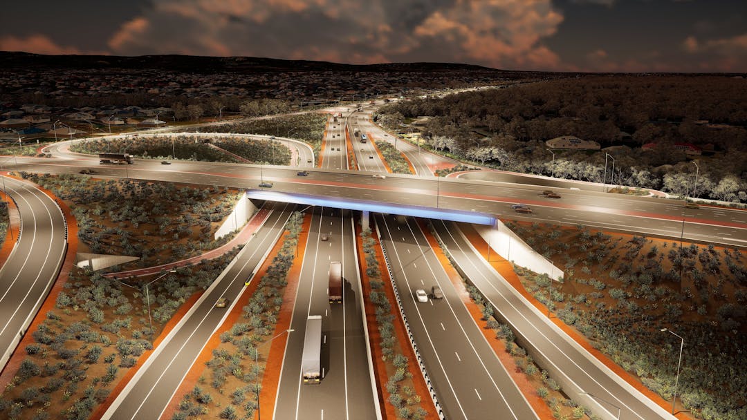 Rendered image of Tonkin Highway and Thomas Road bridge at night