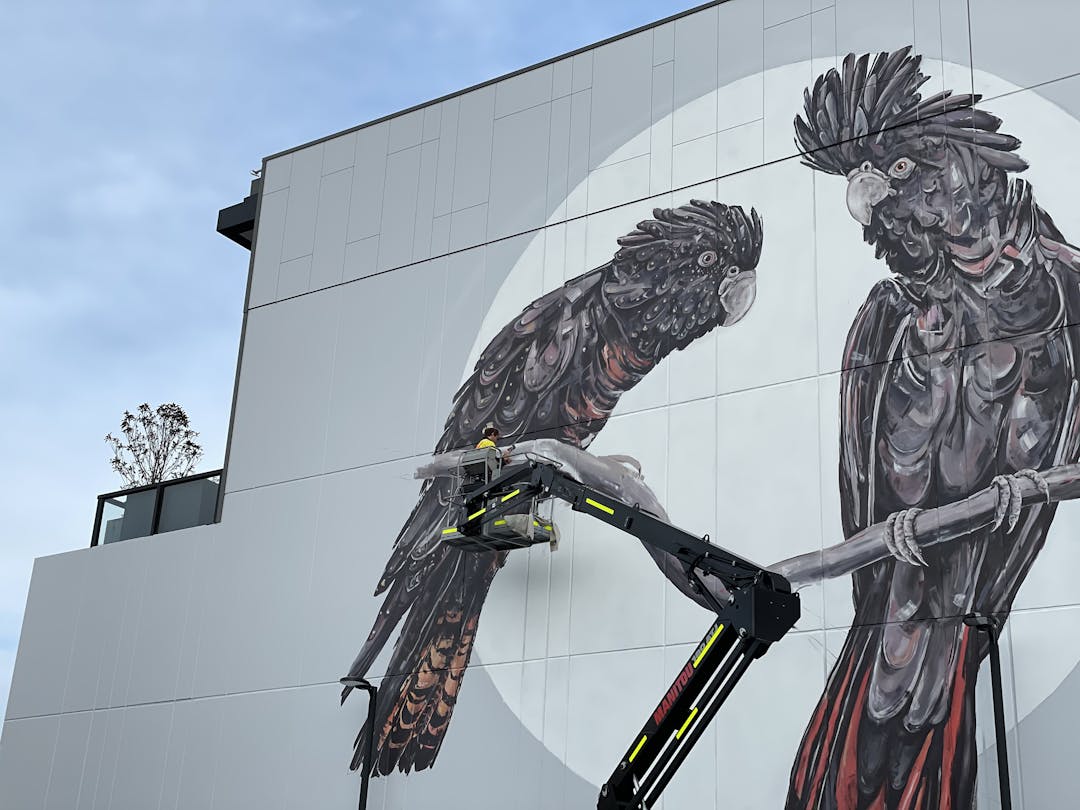 Aritst James Giddy creating Forrest St Carpark Mural, 2021