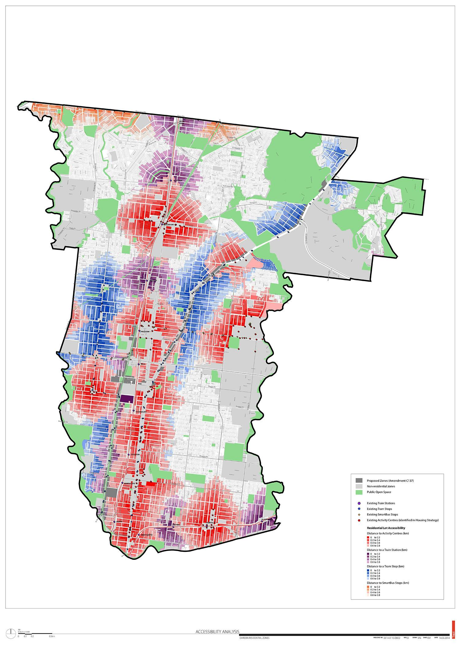 Accessibility Analysis (800m Walking Catchments from activity centres and major transport) Municipal Map