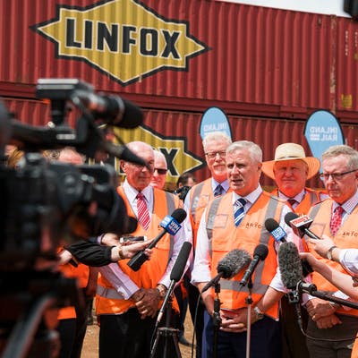 Deputy Prime Minister and Minister for Infrastructure, Transport and Regional Development Michael McCormack addresses the media gathering.