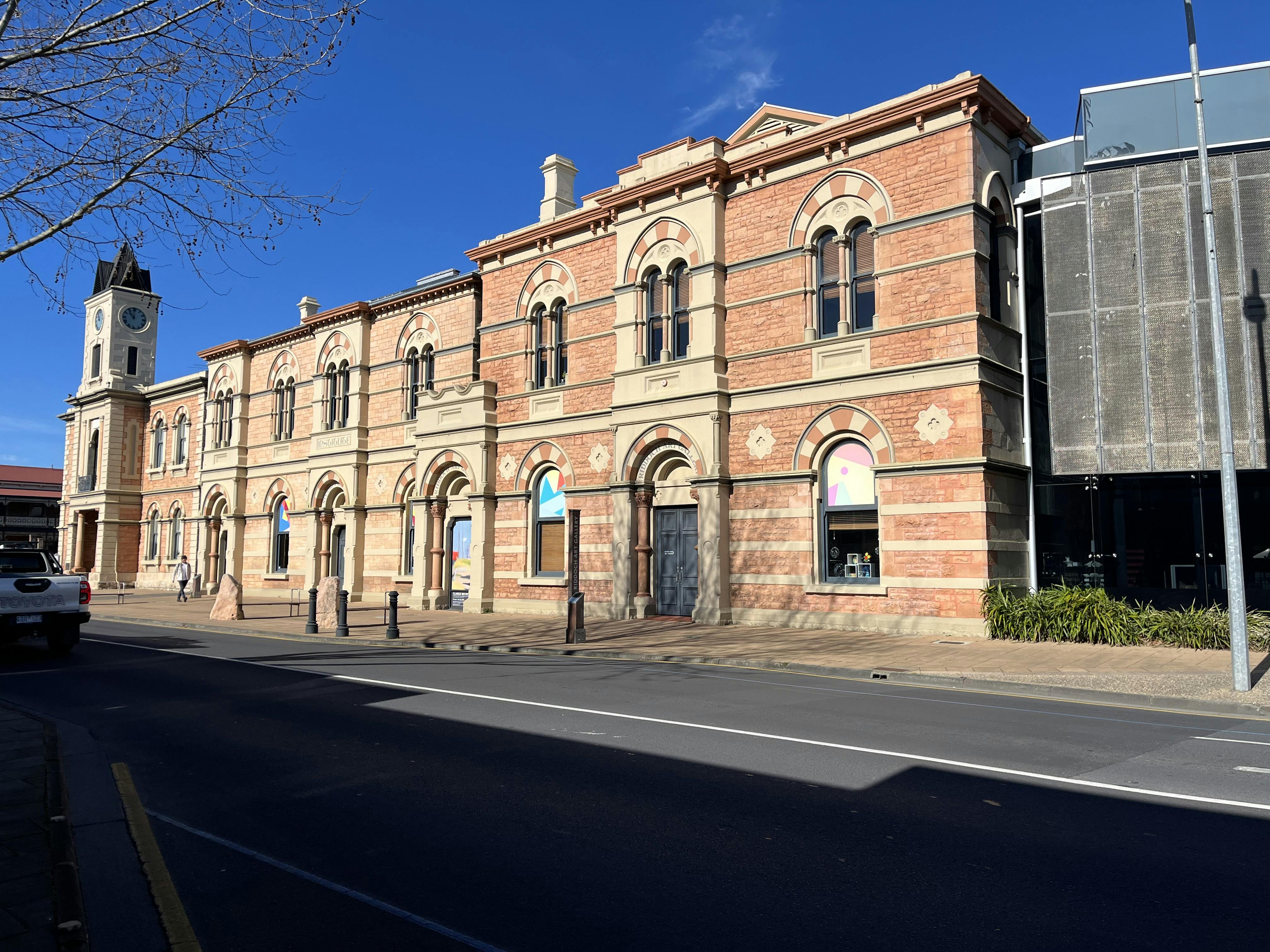 Mount Gambier Town Hall and Institute, historic adjoining two-storey buildings of red and cream brick