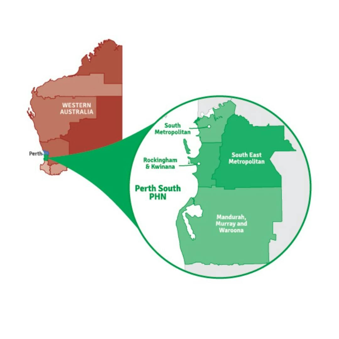 A map showing WA with a pop out of the Perth South PHN region comprising of South Metropolitan, Rockingham/Kwinana, Mandurah/Murray/Waroona and South East Metropolitan.