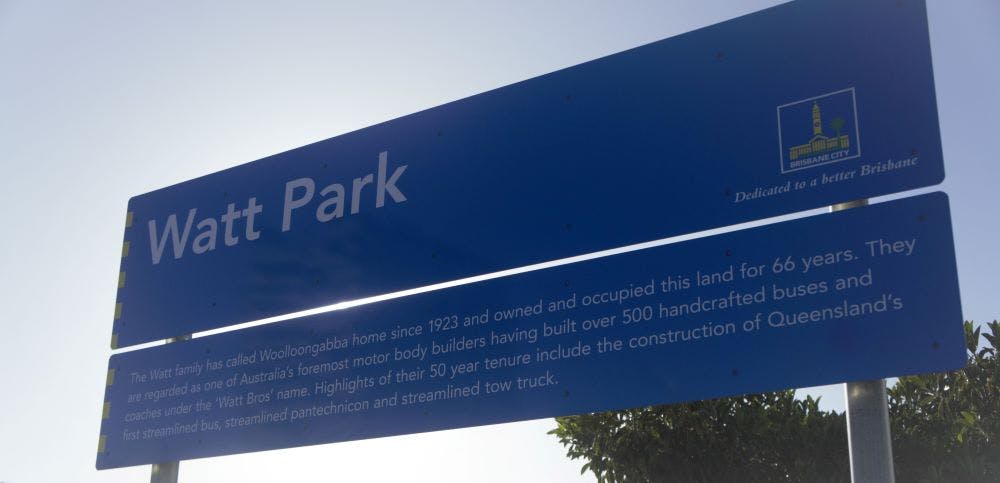 Watt Park blue Brisbane City park sign.  