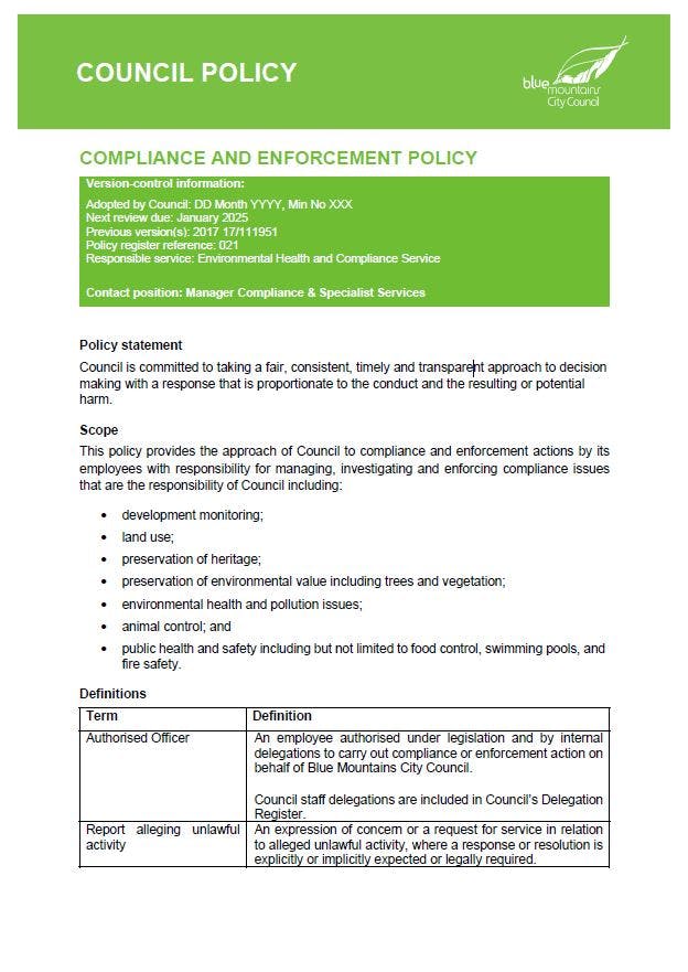 Draft: Compliance and Enforcement Policy cover 