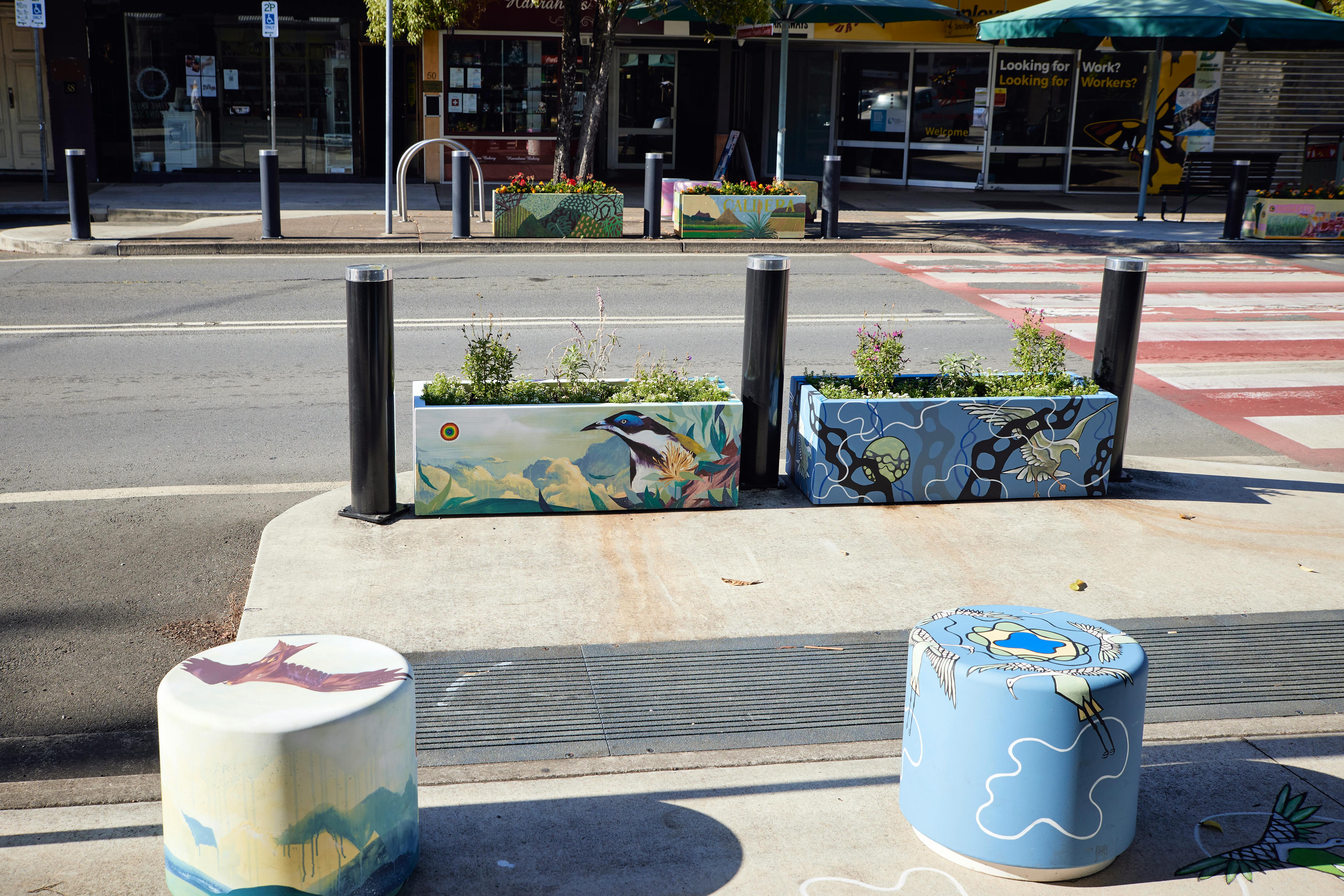Planter boxes and art seats on display at Murwiluumbah Street