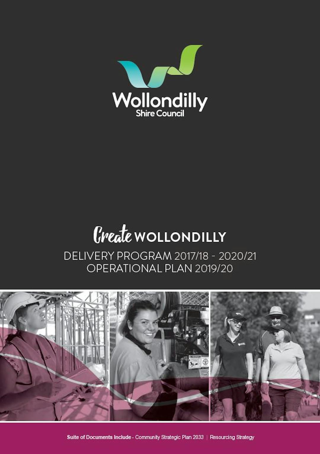 Image of cover page of Create Wollondilly Delivery Program and Operational Plan. Includes Wollondilly Shire Council logo and three images of Council staff performing their work.
