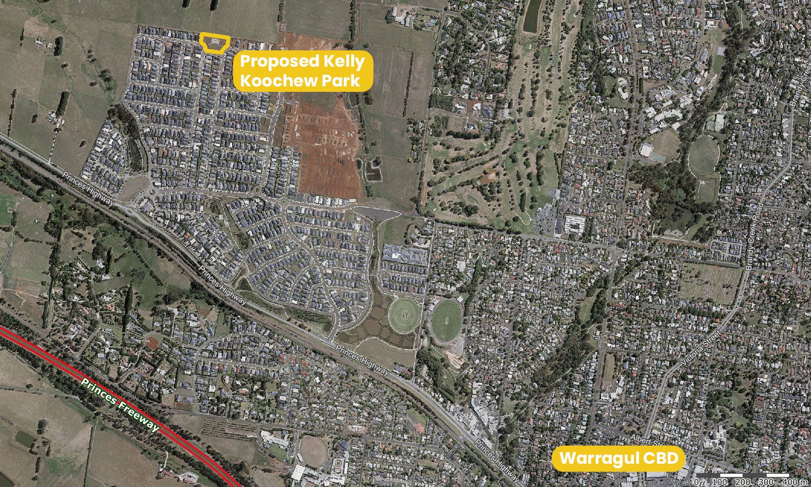 Proposed Kelly Koochew Park in relation to Warragul CBD
