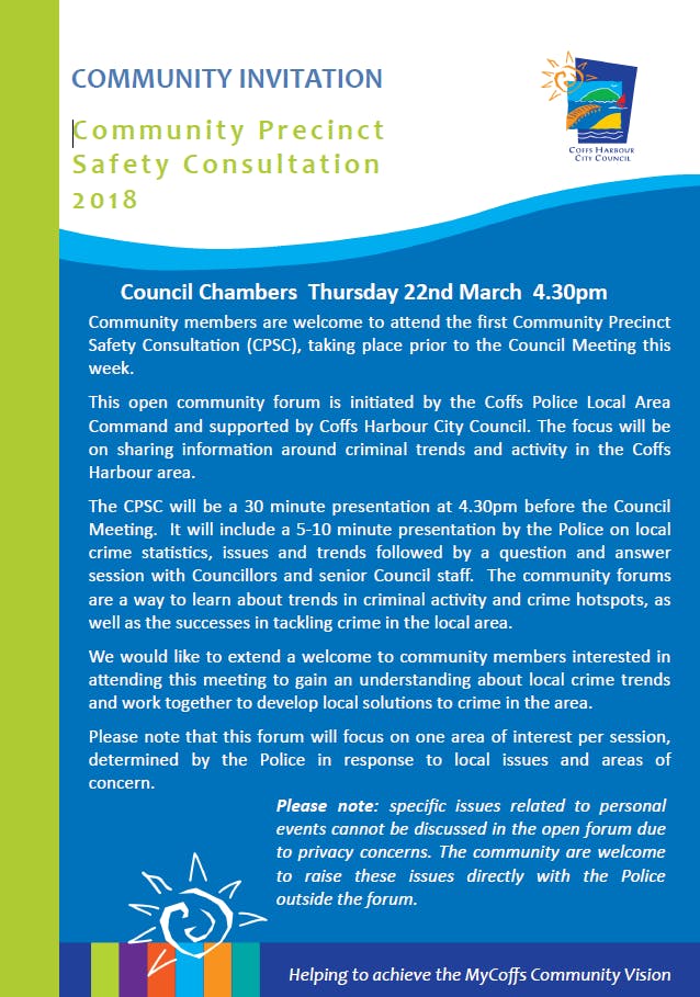 Community Precinct Safety Consultation - Council Chambers Thursday 22nd March 4.30pm