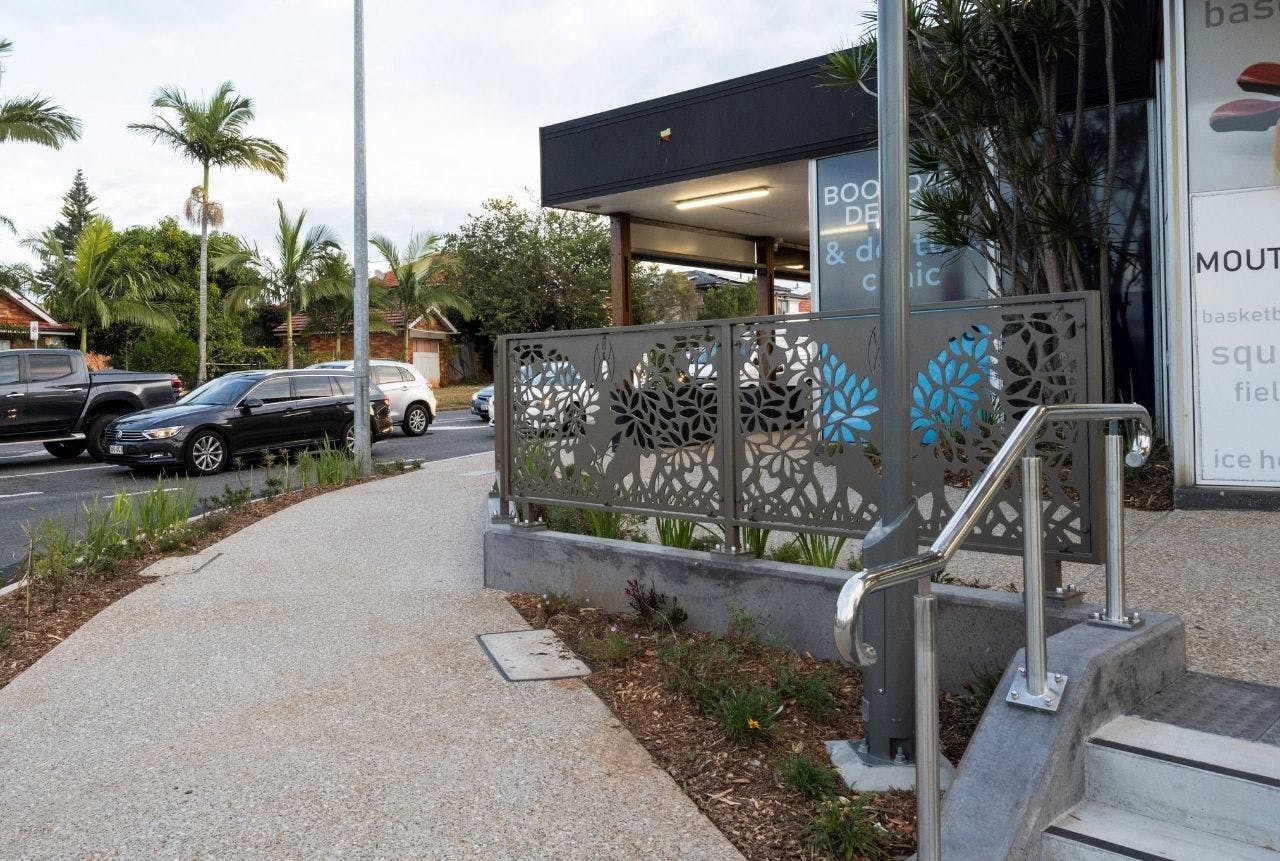 Garden beds, decorative balustrade and footpath upgrade with pedestrian and stair access (looking south west at corner of Sandgate and Beams roads)