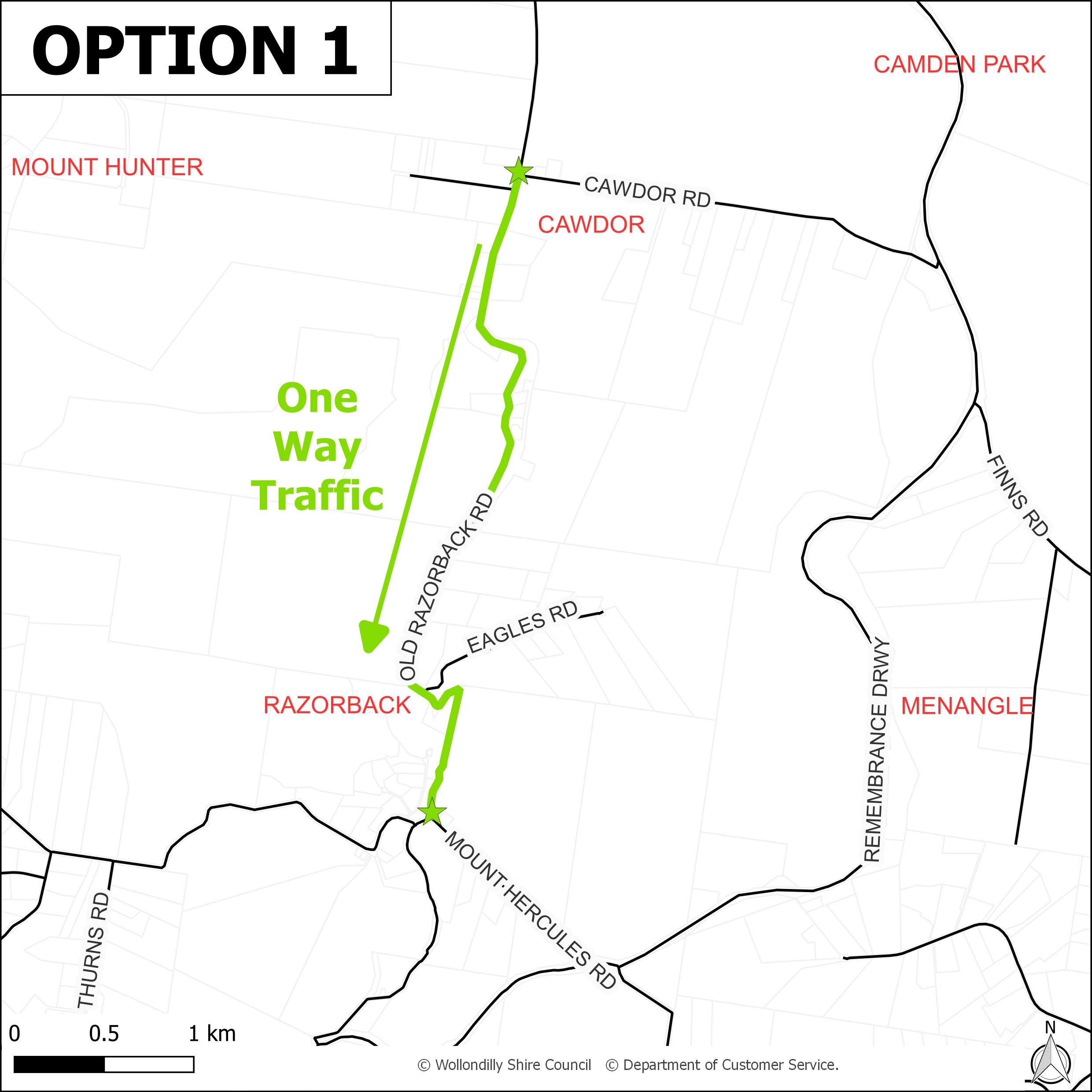 Option 1 - One-way traffic flow for the entire length from Cawdor Road to Mt Hercules Rd