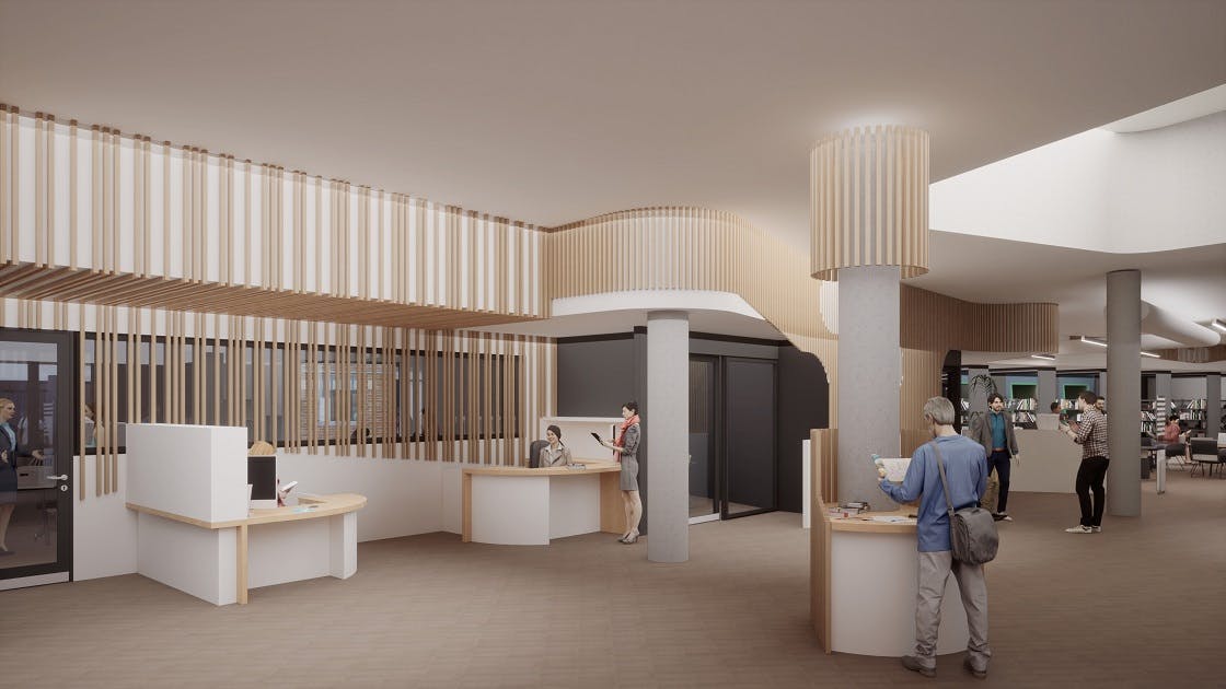 Artist impression of entry with people at front counter area