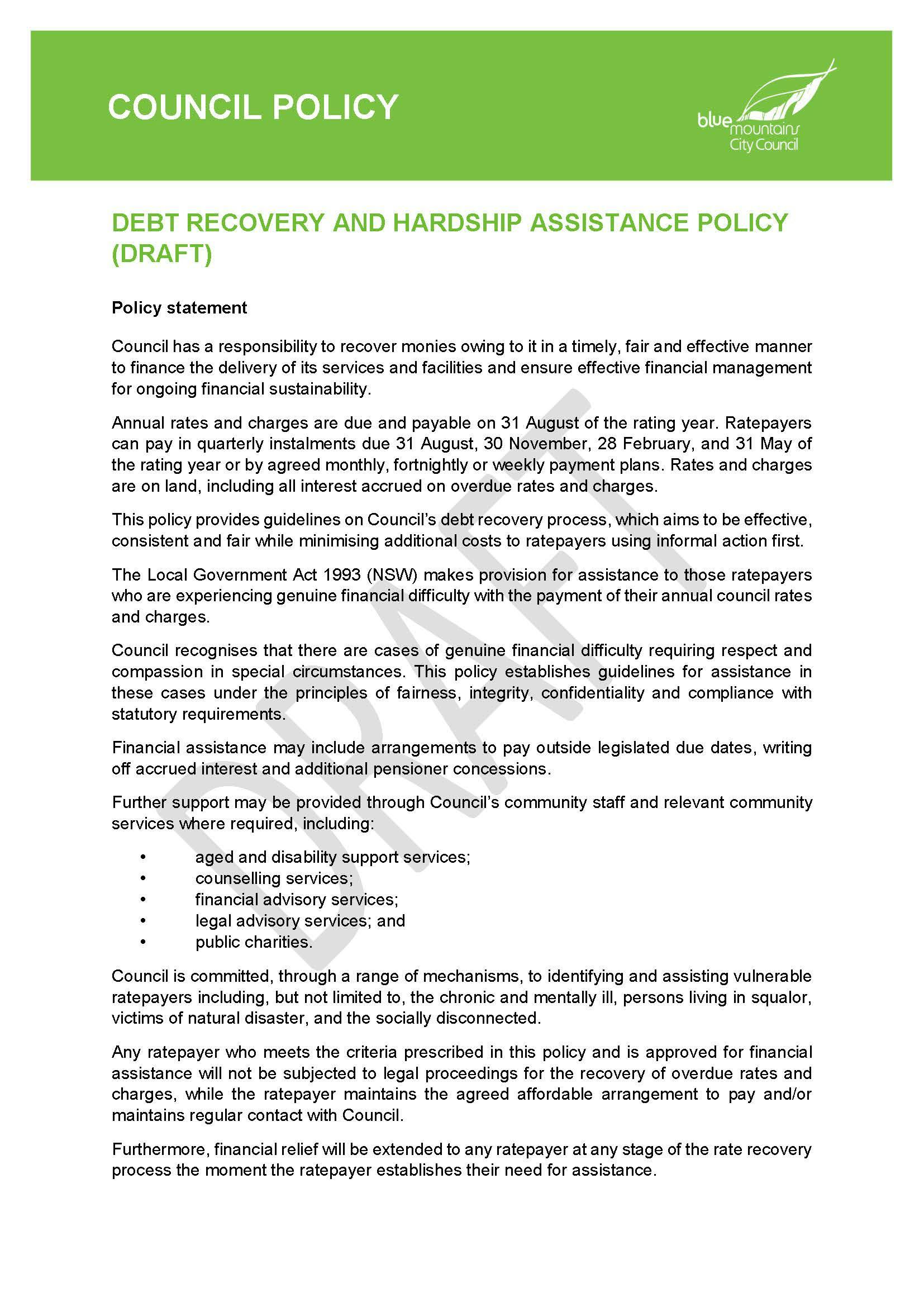 Draft Debt Recovery & Hardship Assistance Policy
