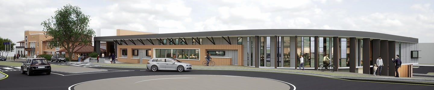 Artist impression of the proposed building from a north eastern impression with cars and a roundabout in the foreground