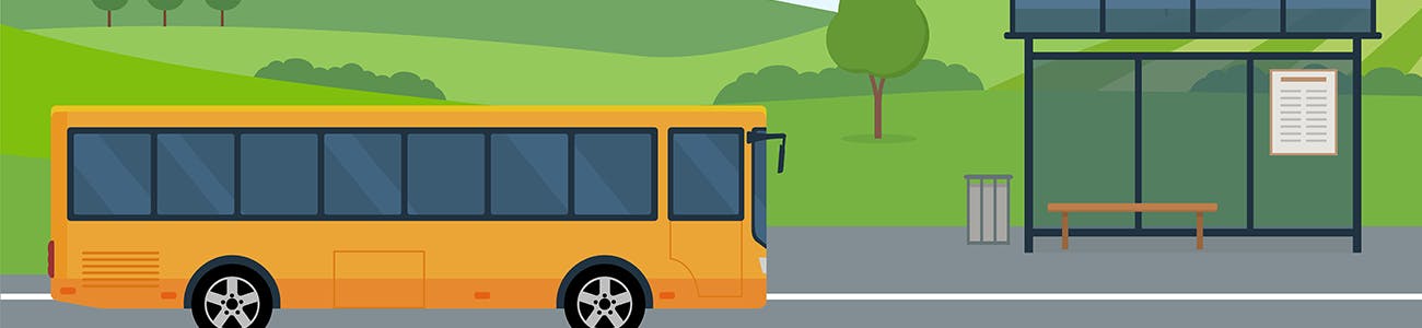 illustration of a bus on a road with a shelter and green hills in the background