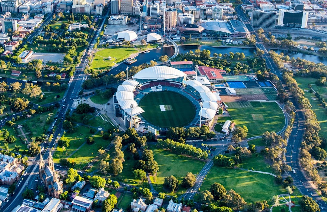 Aerial view of Adelaide Oval Tarntanya Precinct with Adelaide Oval in the centre.
