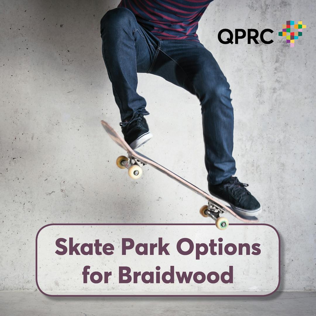 Image of person doing a jump on skate park with title Skate Park Options for Braidwood