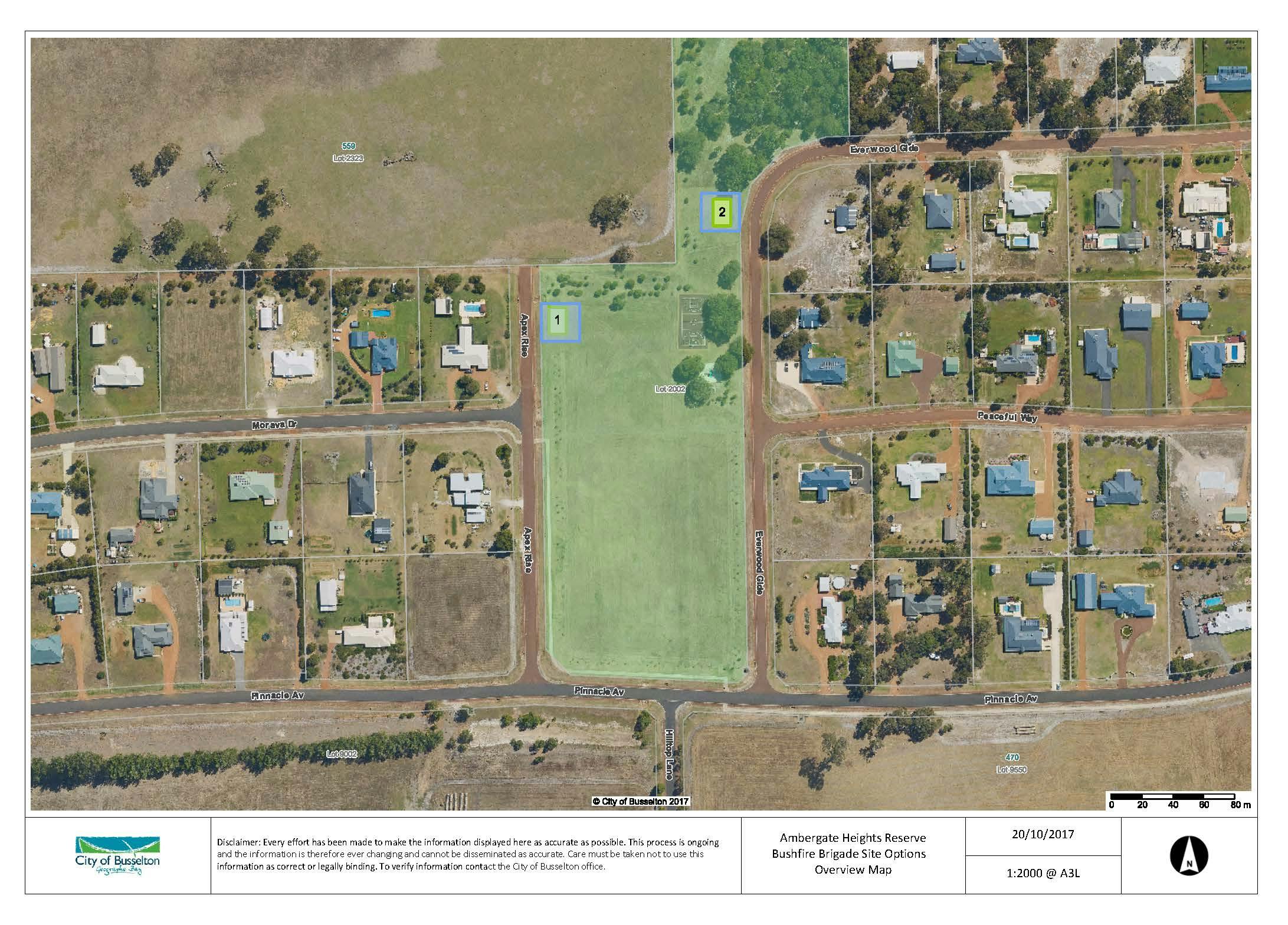 Figure 3 shows the 2 locations (yellow boxes identified as 1 and 2) on Apex Park where the proposed fire shed/community facility is being considered. 