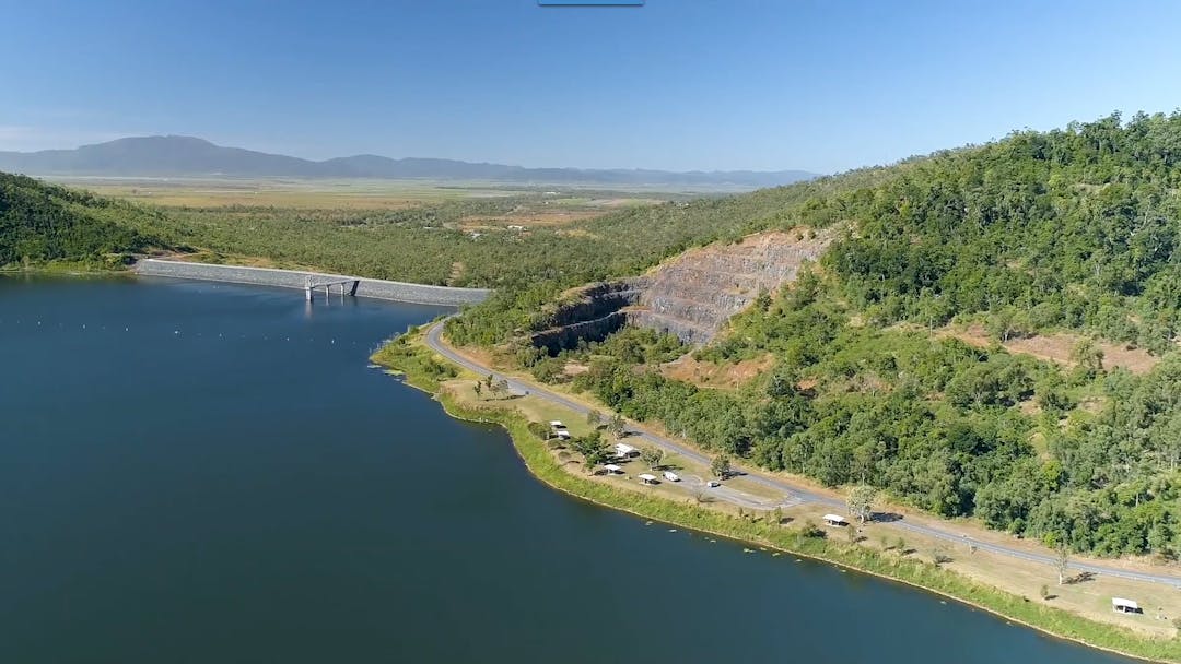 Aerial image of Lake Proserpine with view of picnic area