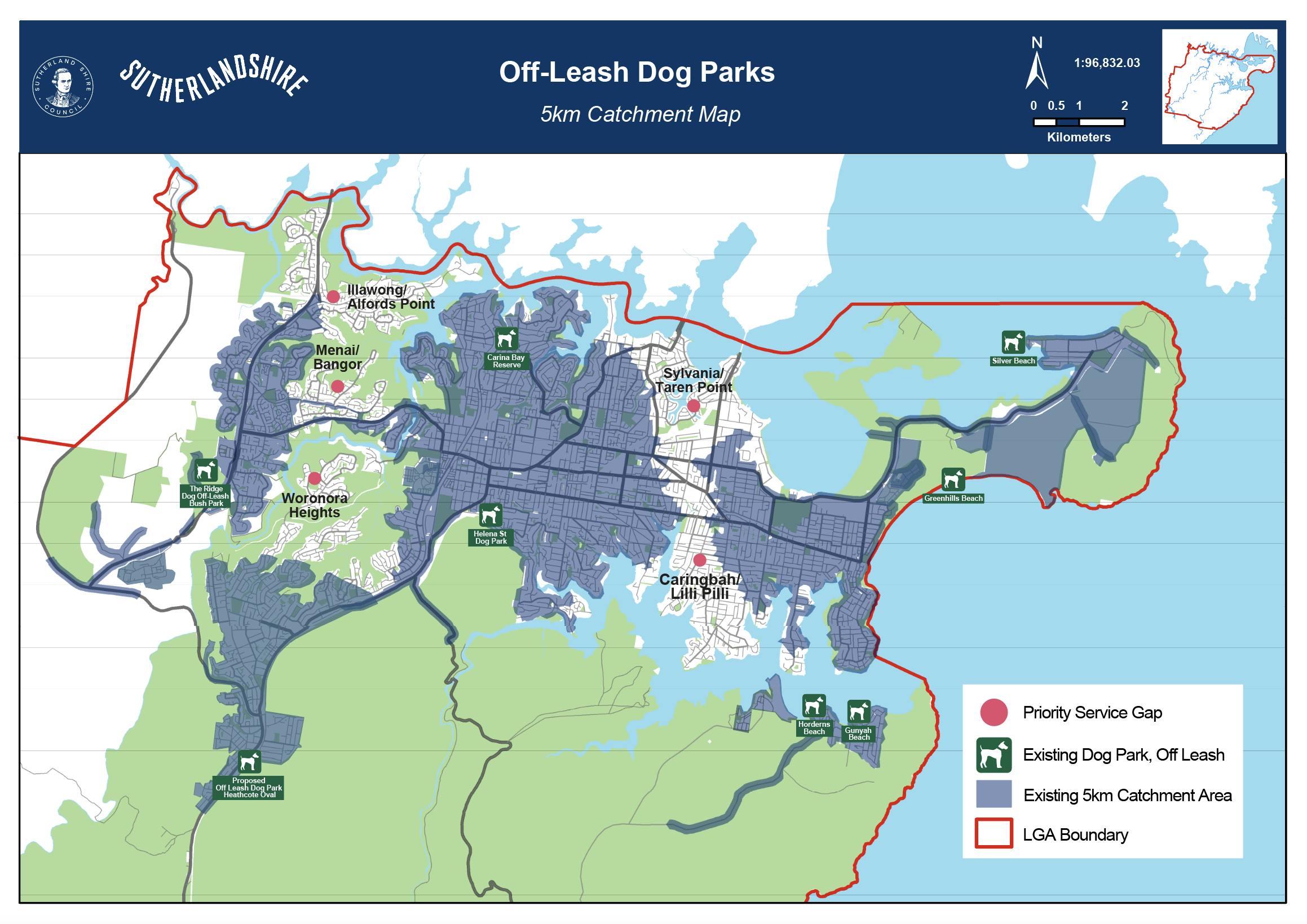 5km Catchment Map - Off-leash dog parks