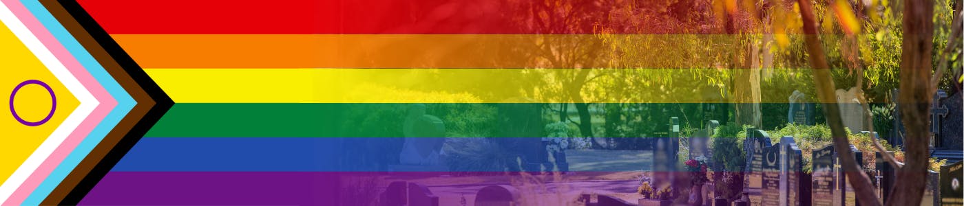 Photo of a cemetery with a gradient overlay of the progressive LGBTQIA+ flag.