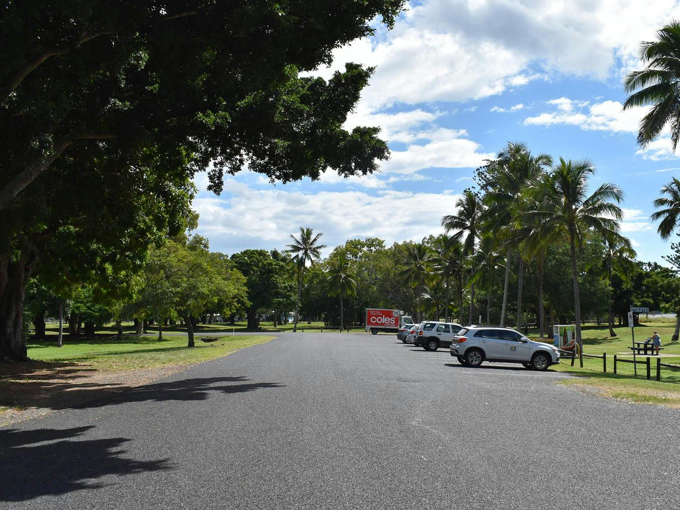 Intersection 3 - The photograph is looking west along the centre line of Seaforth Esplanade Road. The car parking in this location services the swimming enclosure and picnic area.