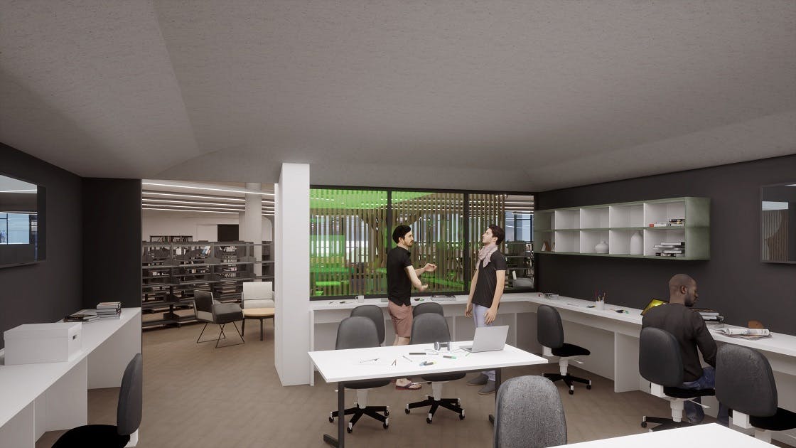 Artist impression of Maker Space with people and work spaces