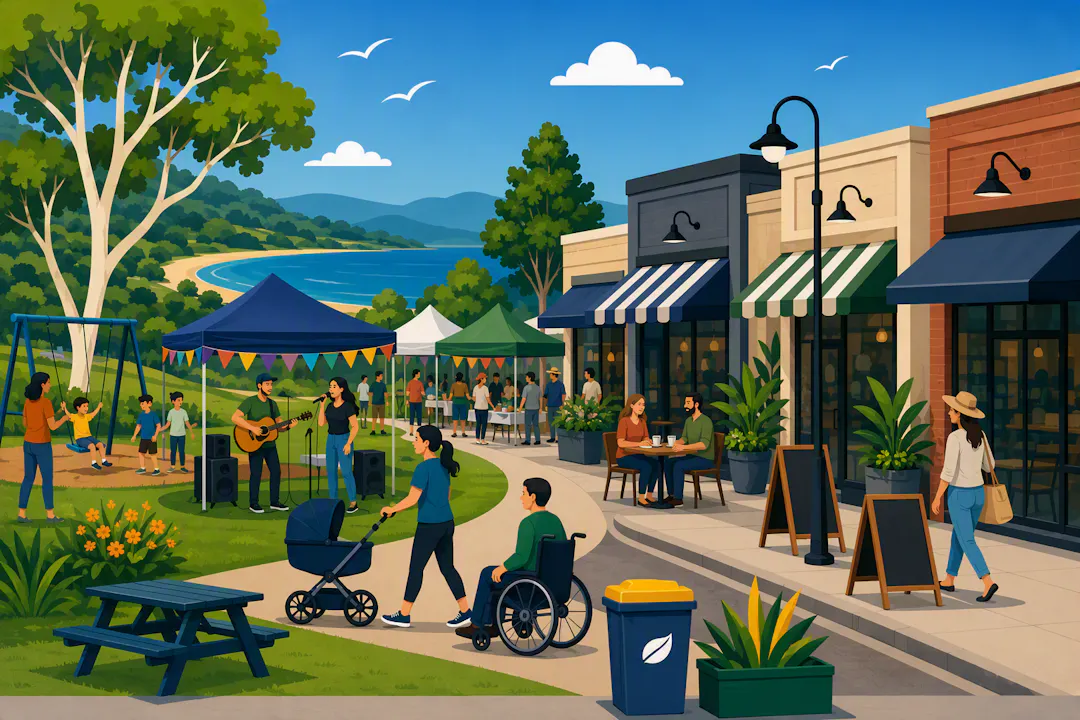 Illustrated Local Laws Review image showing an East Gippsland coastal town with community buildings and parkland