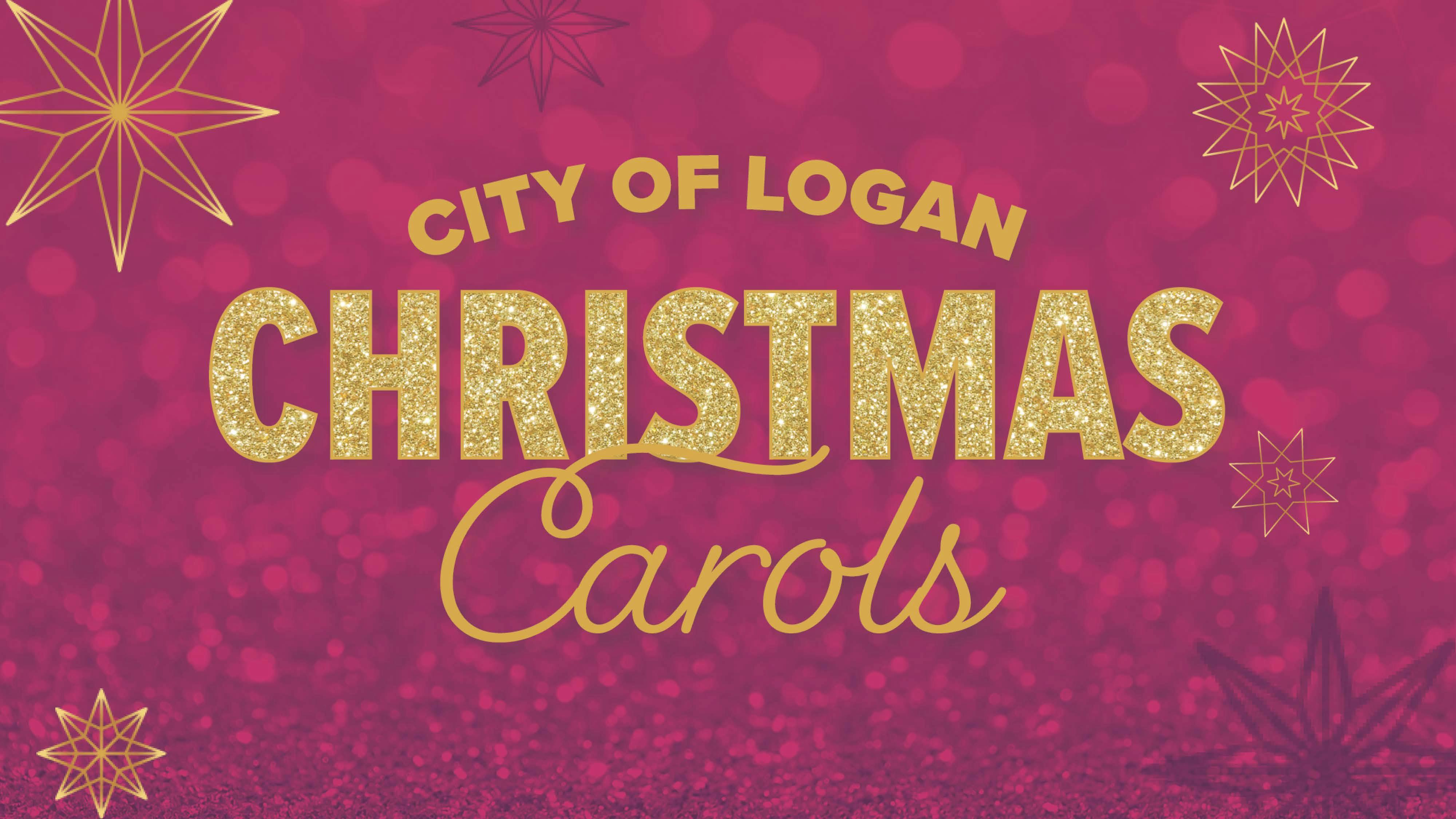City of Logan Christmas Carols logo featuring gold writing on a pink background