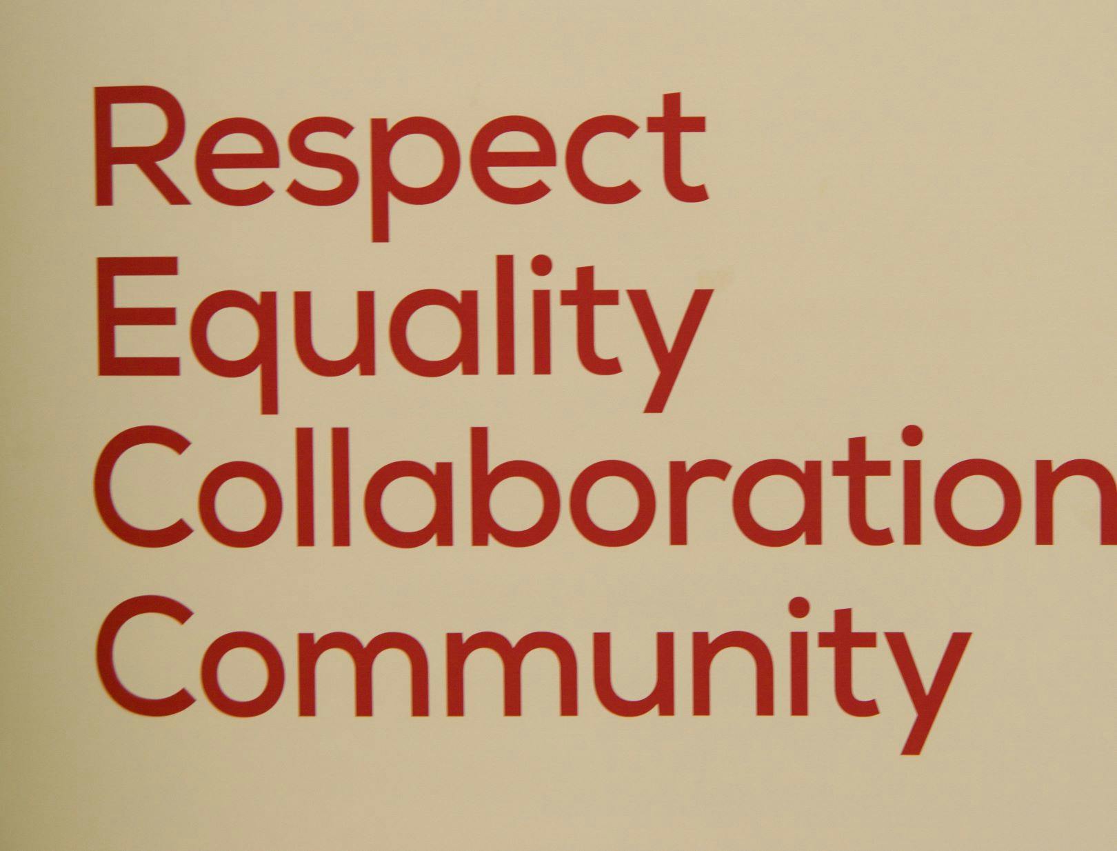 Welcoming Cities banner with words respect, equality, collaboration, community