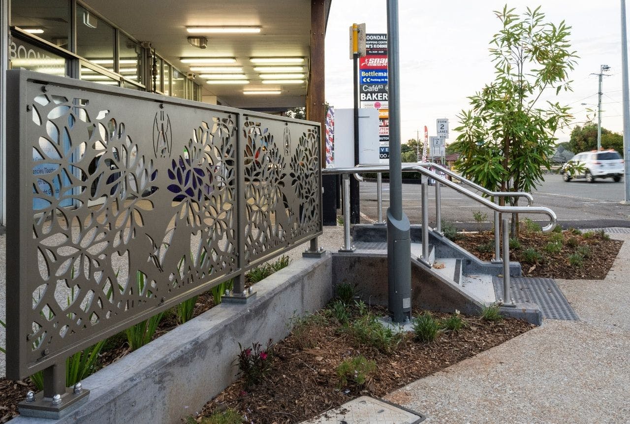 Pedestrian stair and ramp access (looking north east at corner of Beams and Sandgate roads)