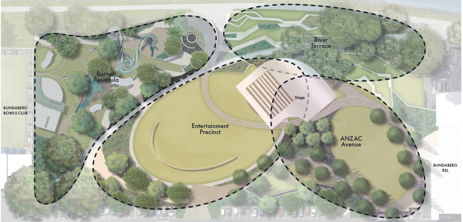An artist's impression of the outdoor event space and stage at the proposed ANZAC Park redevelopment