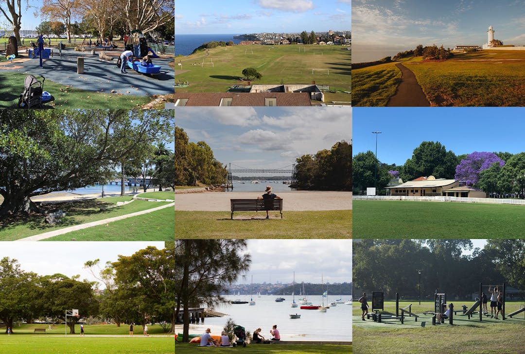 Some of our Crown Land Reserves A montage of nine images showing a variety of open spaces in Woollahra.
