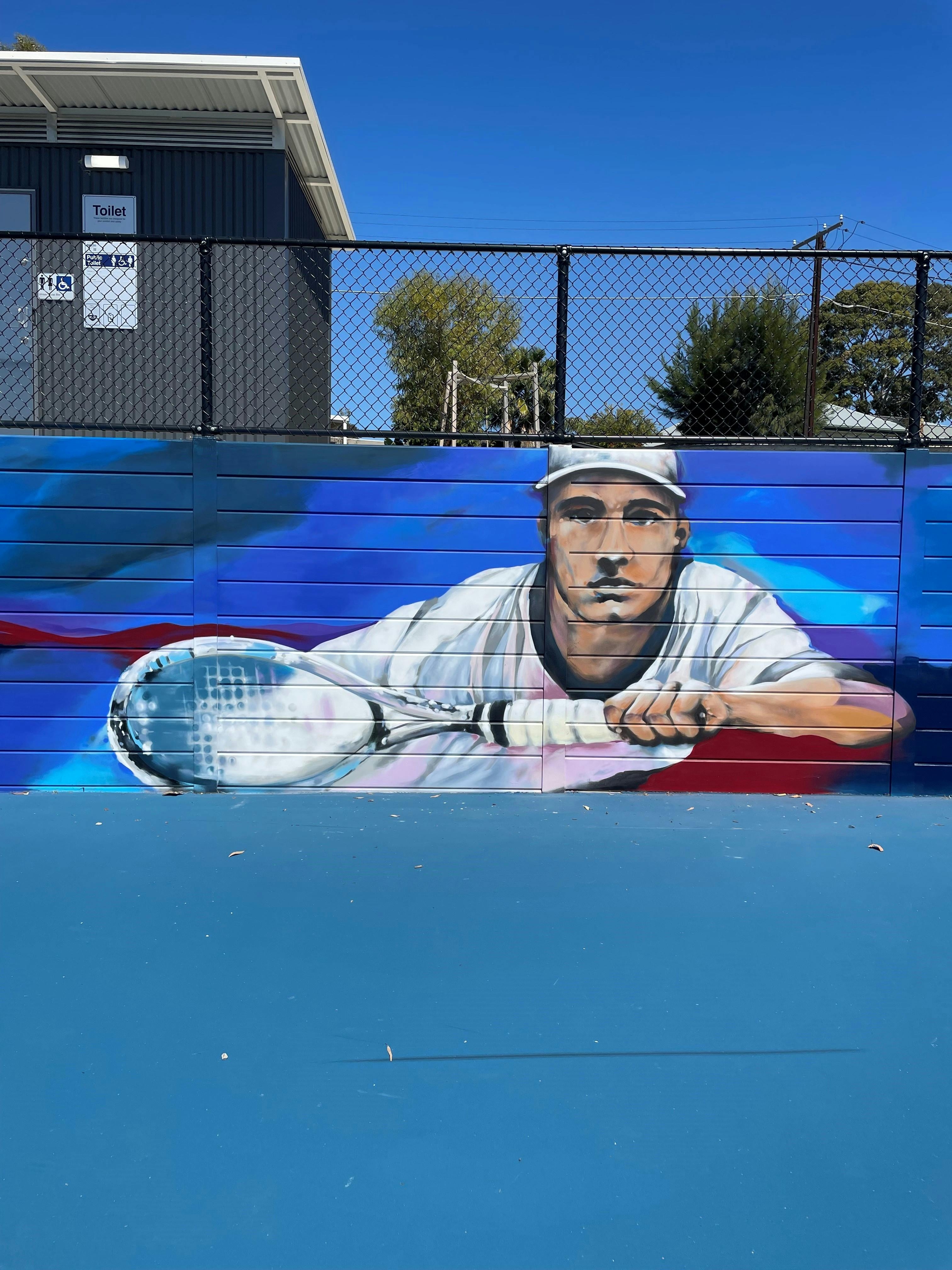 Tarnham Road courts mural by Adam 'Tarns' Poole-Mottishaw 2023, Seacombe Heights, Commissioned by City of Marion