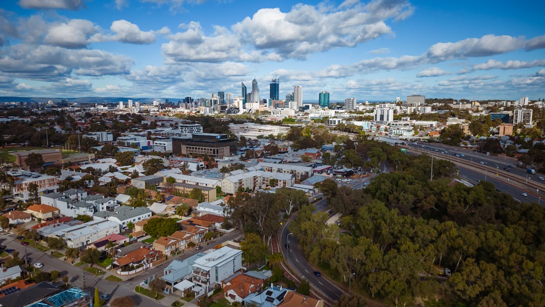 Aerial image of Vincent looking towards Perth CBD skyline.