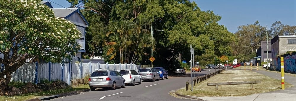 Lerna Street and bikeway with grassed area looking from Longlands Street.