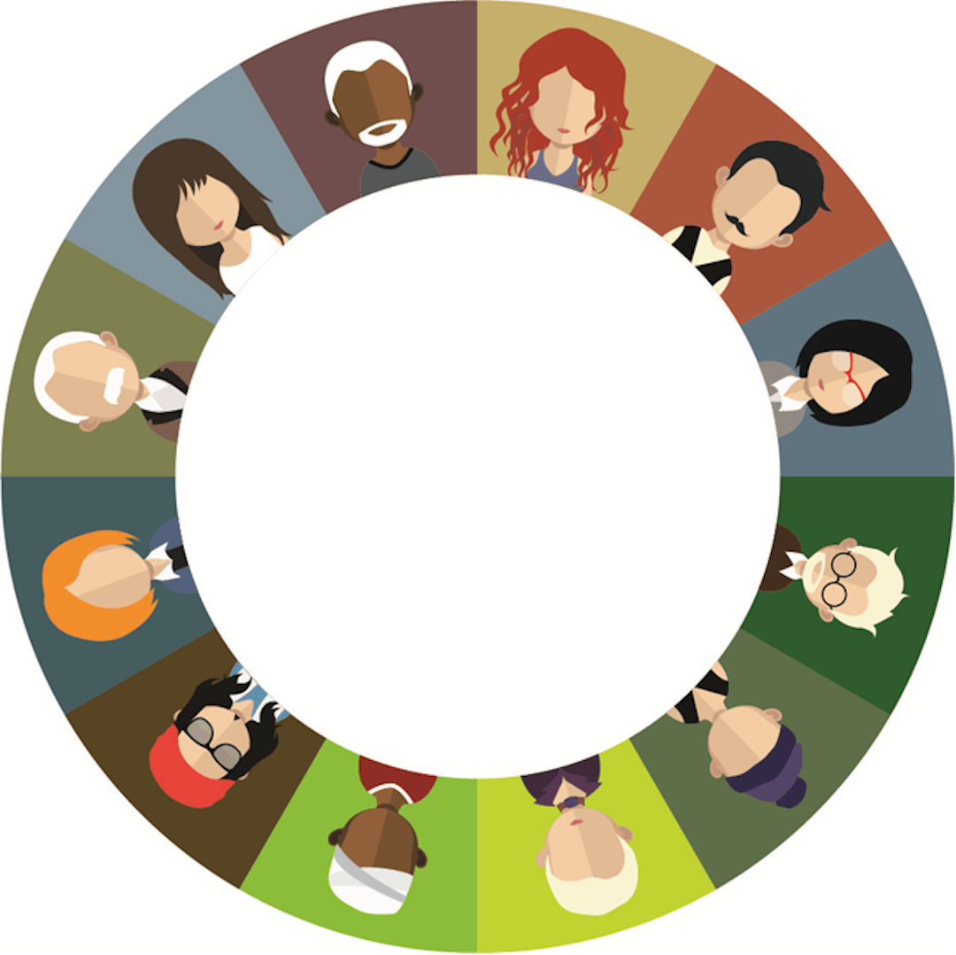 This is an graphic which has lots of faces around a circle. Each face is different and represents Lismore's diverse community. 