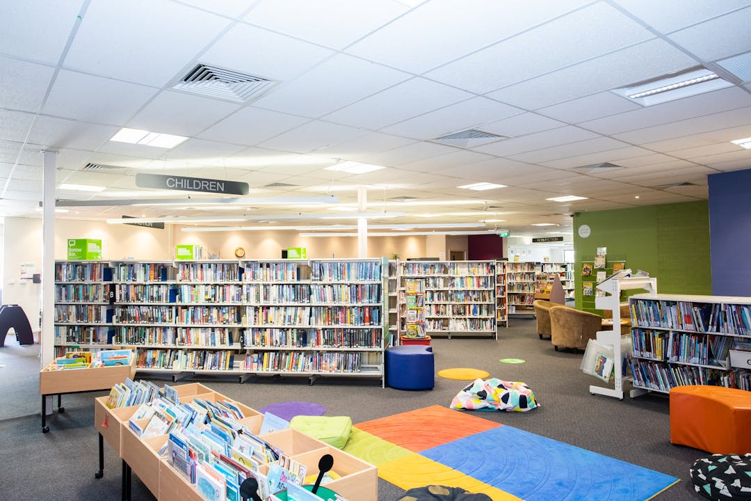 Wide shot of Guyra Library featuring book cases
