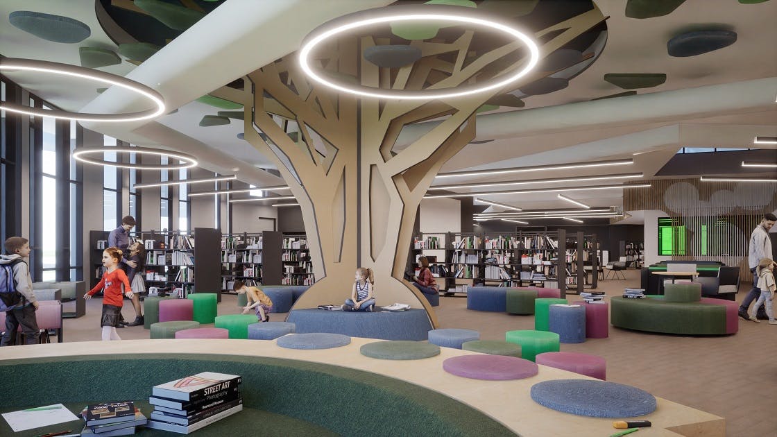 Artist impression of Children's Library with tree in the centre of the space