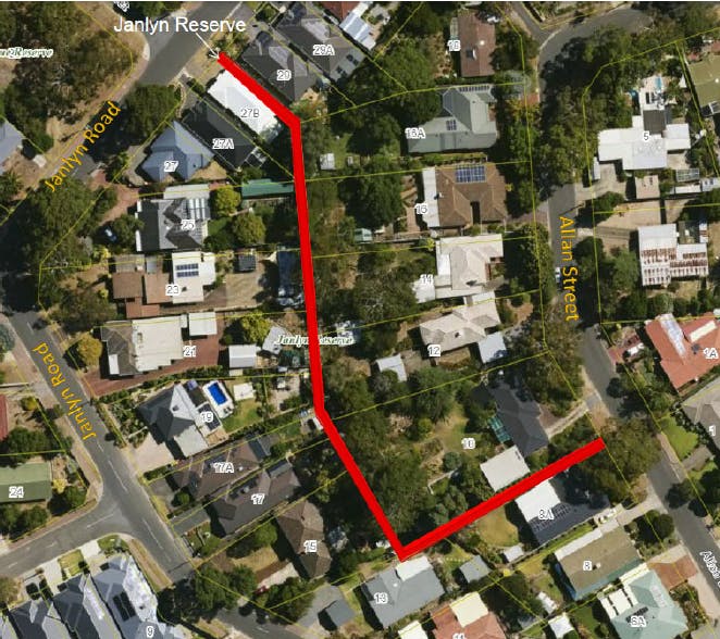 Aerial map showing the location of Janlyn Reserve as a red line