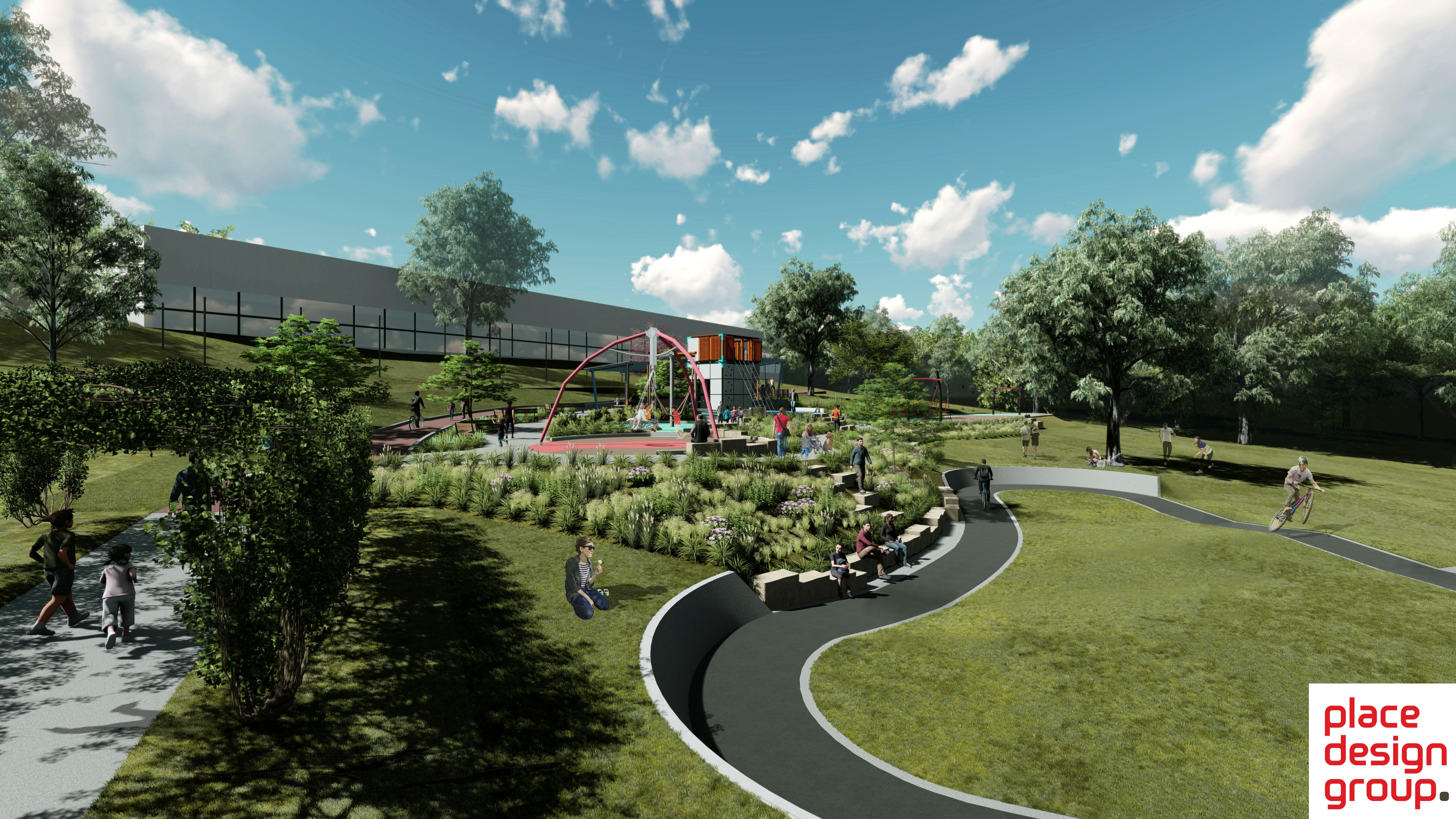 Proposed new play space at Buttenshaw Park, Springwood, featuring a double flying fox, group swing, and climbing structure.