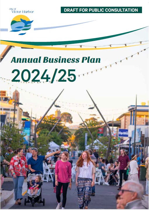 Draft 2024/25 Annual Business Plan cover - people walking down a street in Victor Harbor