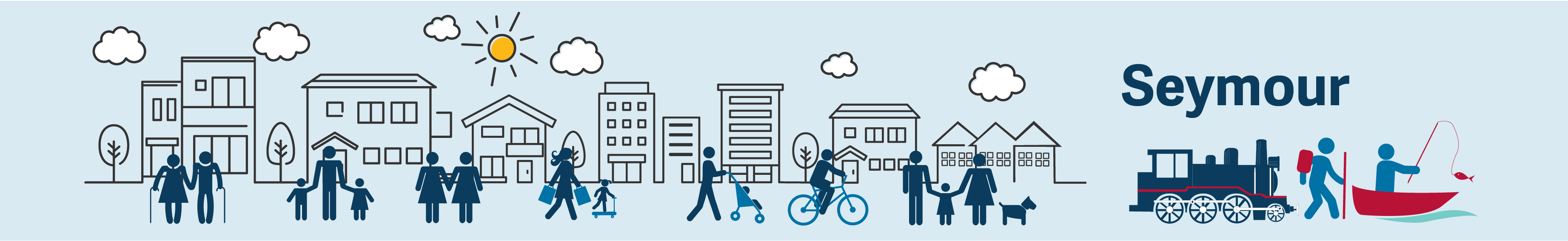 Illustrations of different types of houses including words seymour and a train, a person bush walking and fishing in a boat