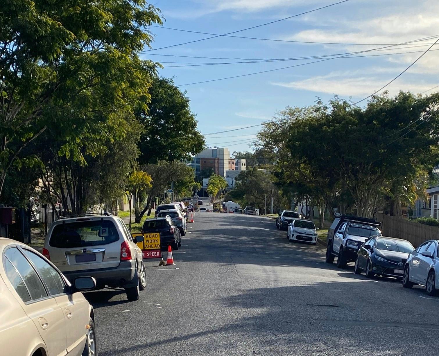 Photo of cars parked along both sides of Headfort Street, Greenslopes, approaching Greenslopes Private Hospital